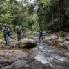 Un grupo de persoas que utilizan o Salto La Jalda navegando por un regato da selva.