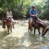 Dúas persoas montando a cabalo a través dun regato da selva, navegando polo deserto exuberante e vibrante con Salto La Jalda (Sendeirismo e natación).